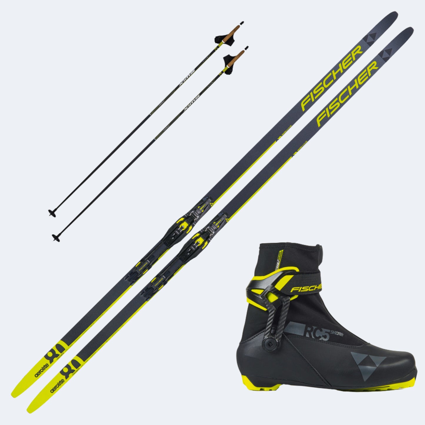 2025 Fischer Aerolite Skate 80 Skis with Fischer RC5 Skate Boots and Poles