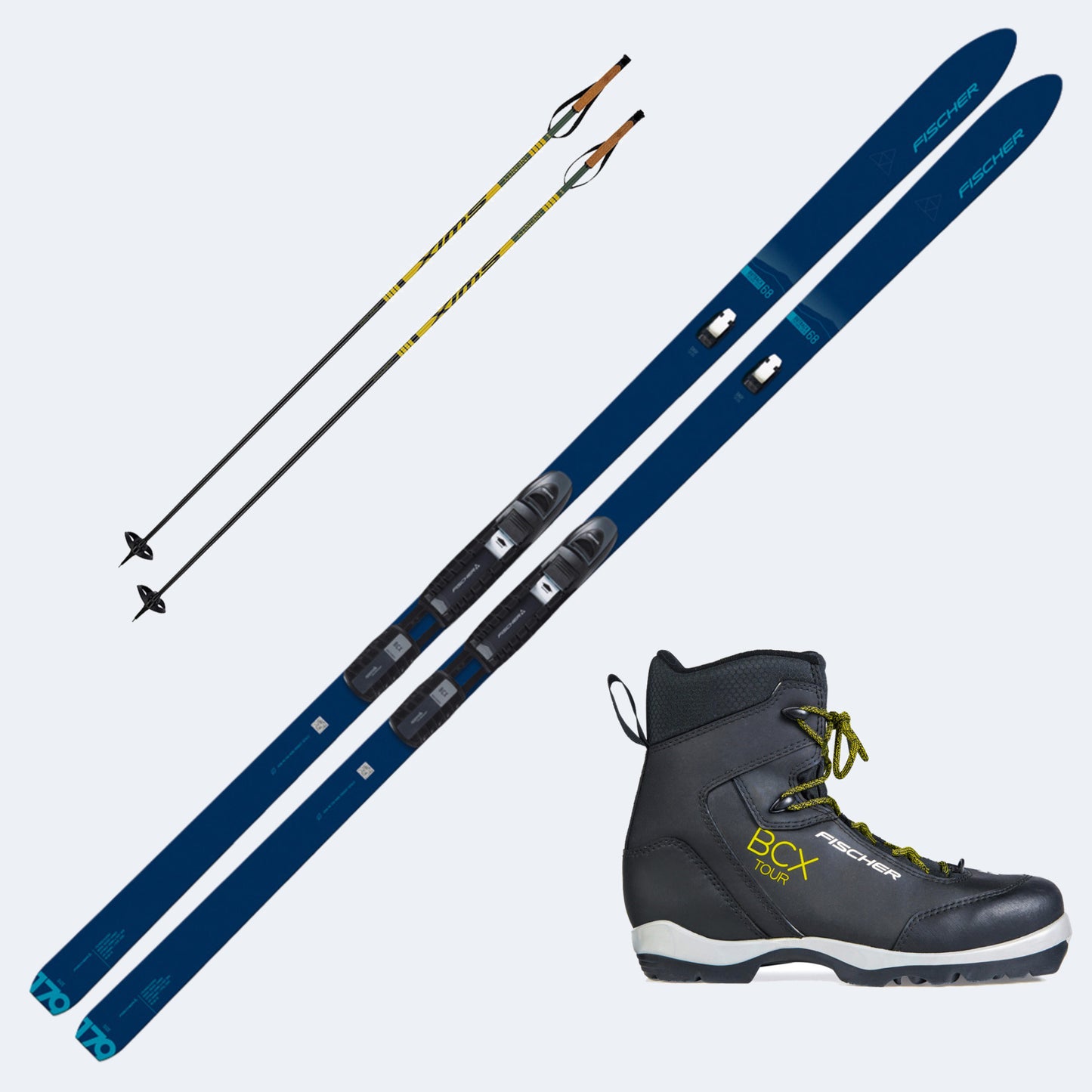 2026 Fischer Outback 68 Crown/Skin Xtralite Skis with Fischer BCX Tour Boots and Poles