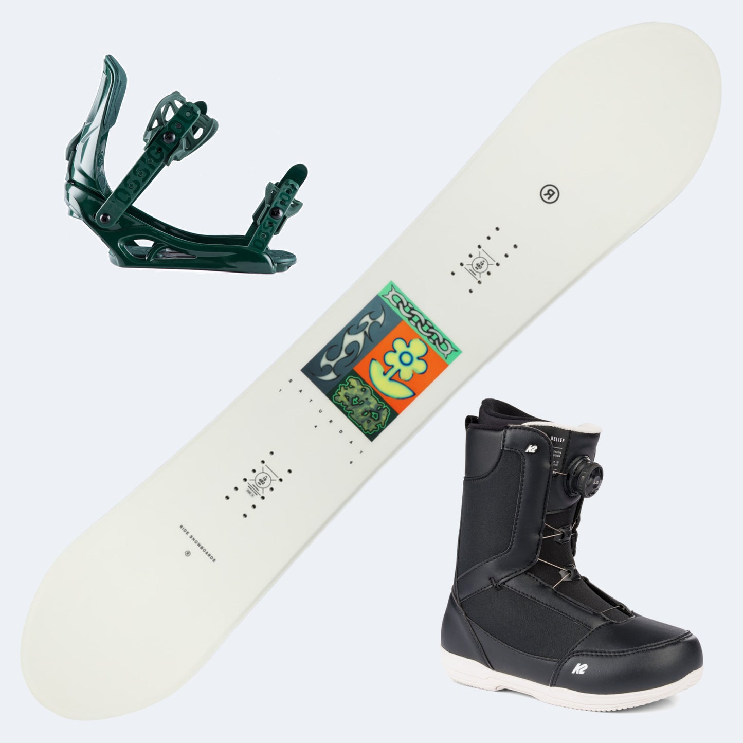 2025 Ride Saturday Women's Snowboard with K2 Belief Boots And Rossignol Soulside Bindings