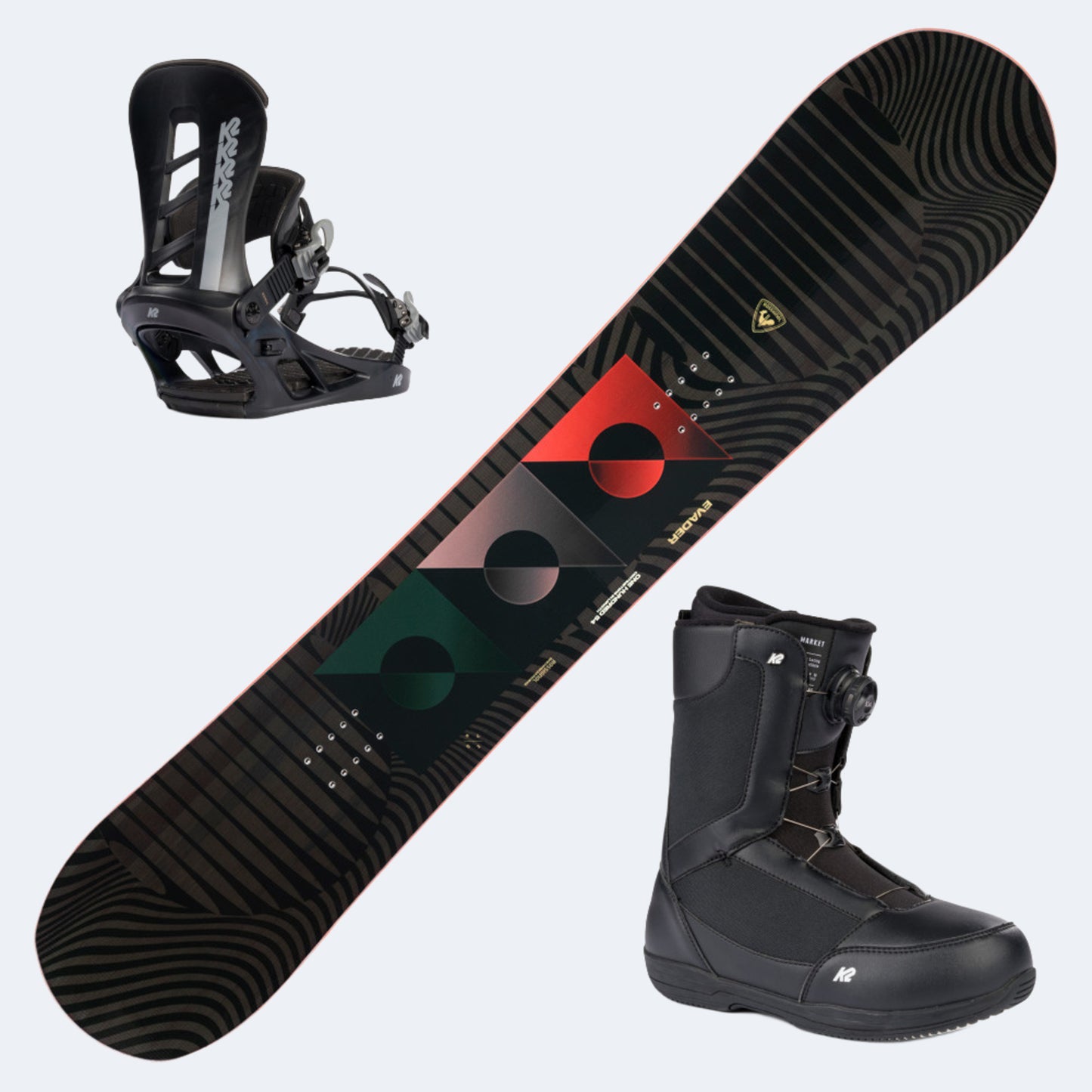 2025 Rossignol Evader Snowboard with K2 Market Boots and K2 Sonic Bindings