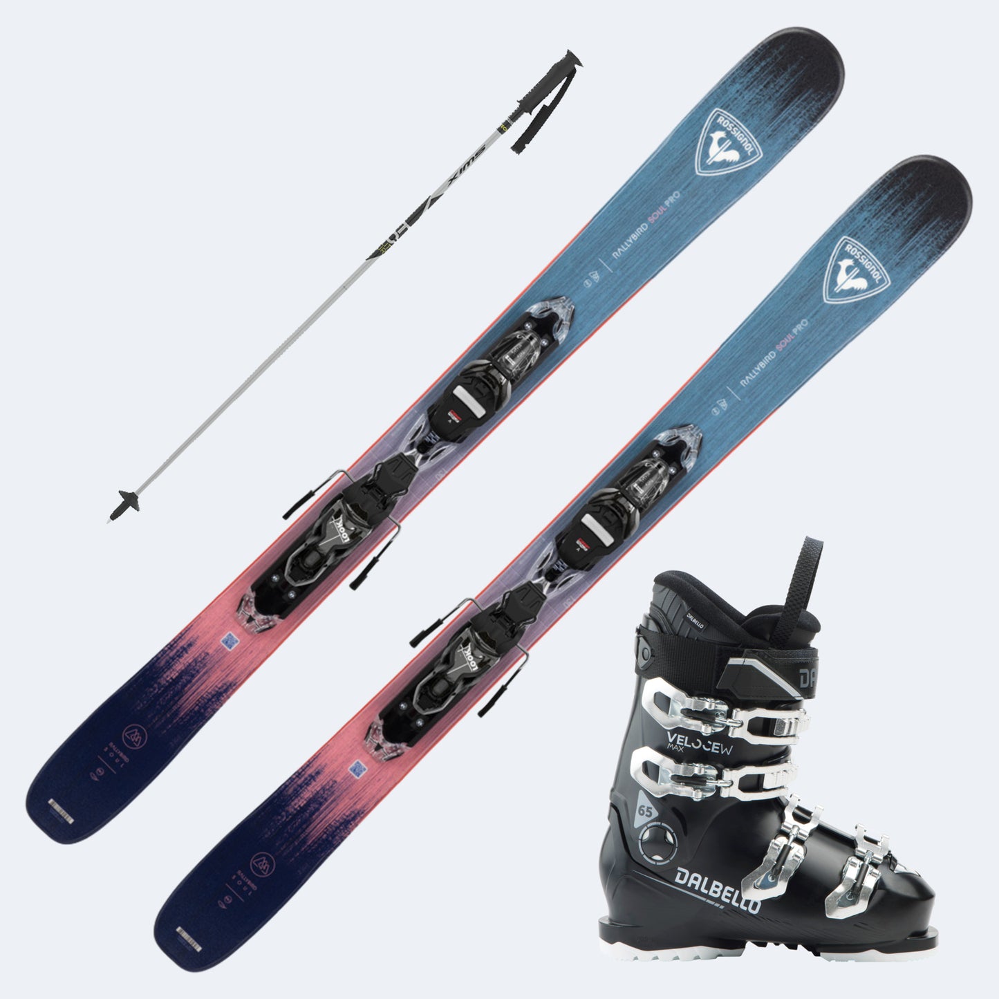 2026 Rossignol Rallybird Soul Pro Junior Skis with Dalbello Veloce Max 65 Boots and Poles