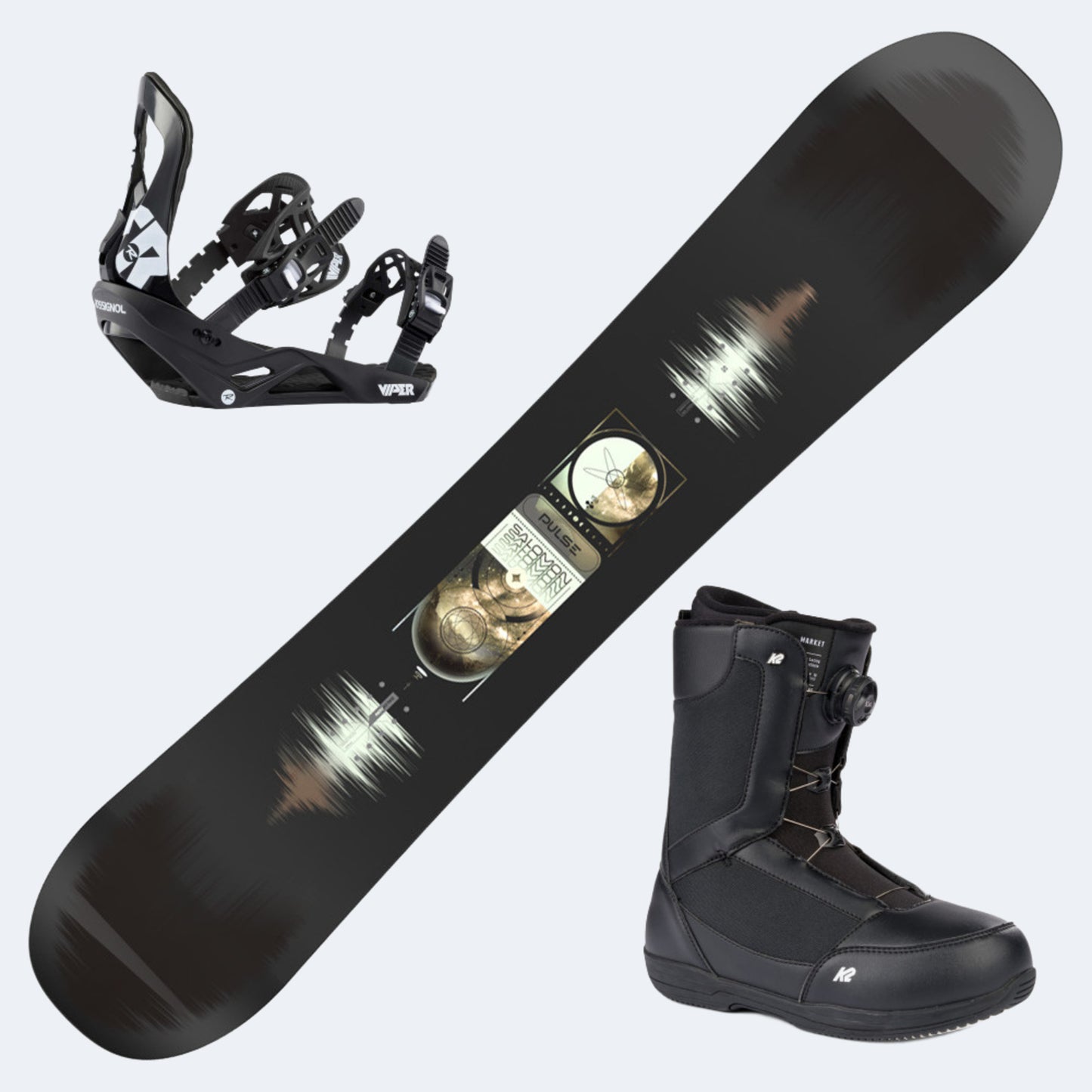 2025 Salomon Pulse Snowboard with K2 Market Boots and Rossignol Viper Bindings