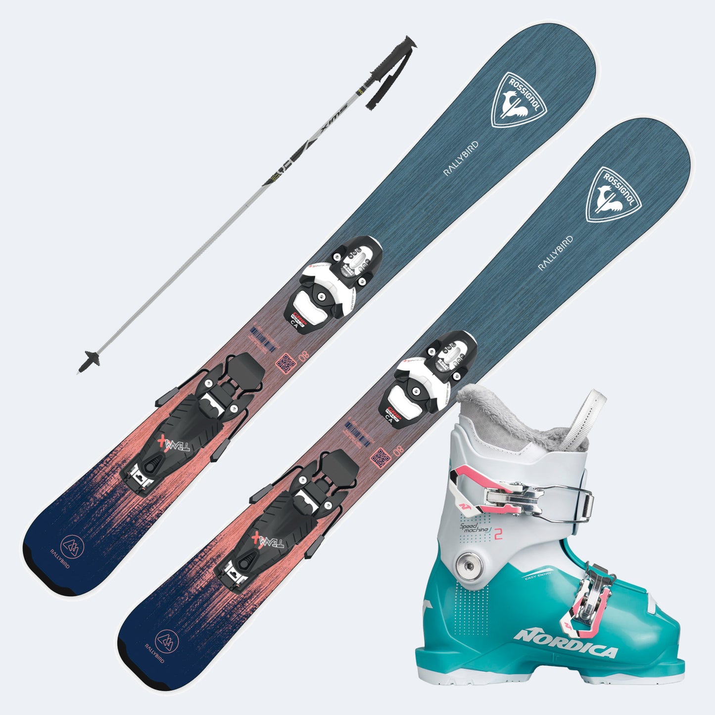2026 Rossignol Rallybird Kid Junior Skis with SpeedMachine J Boots and Poles