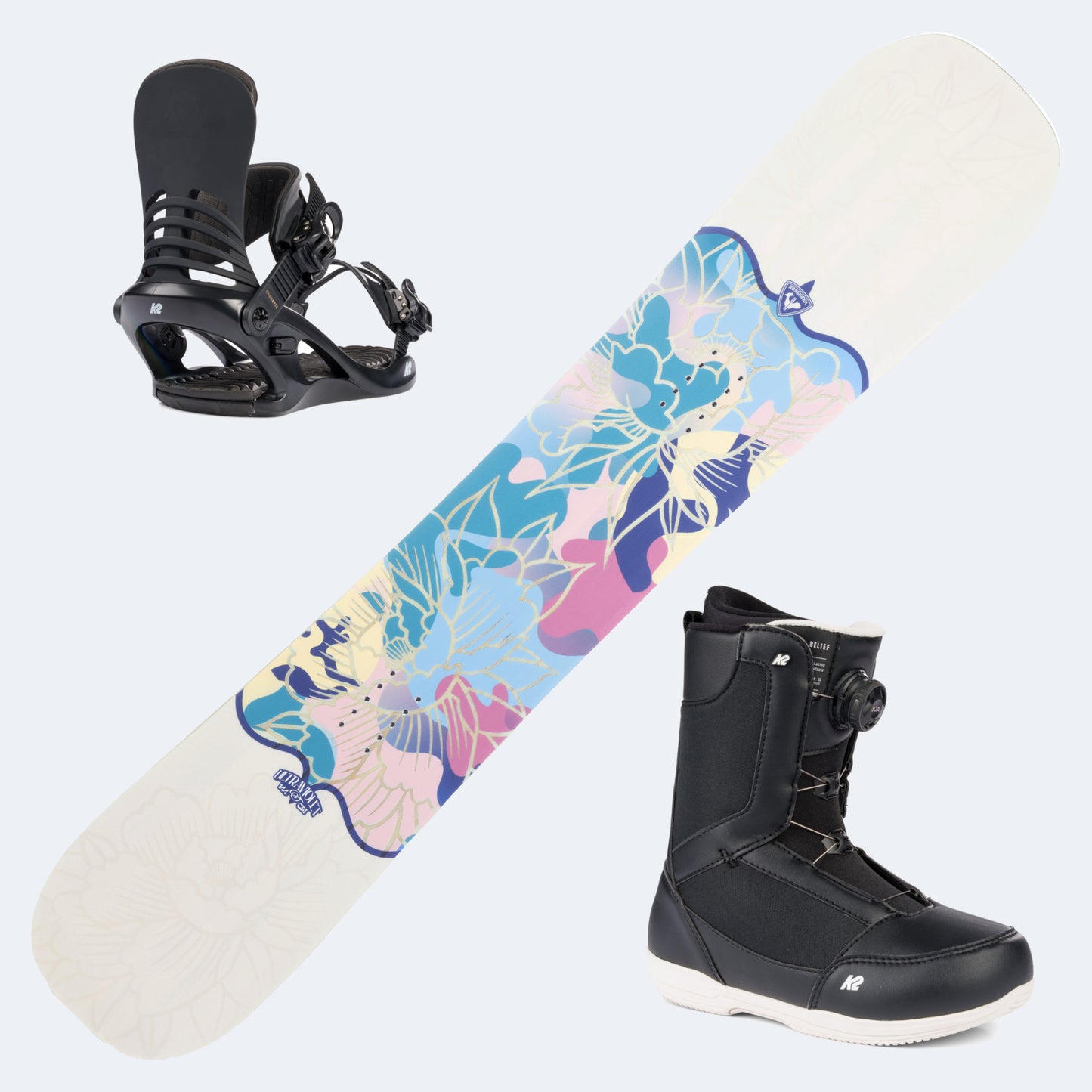 2026 Rossignol Ultraviolet Women's Women's Snowboard with K2 Belief Boots and Poles