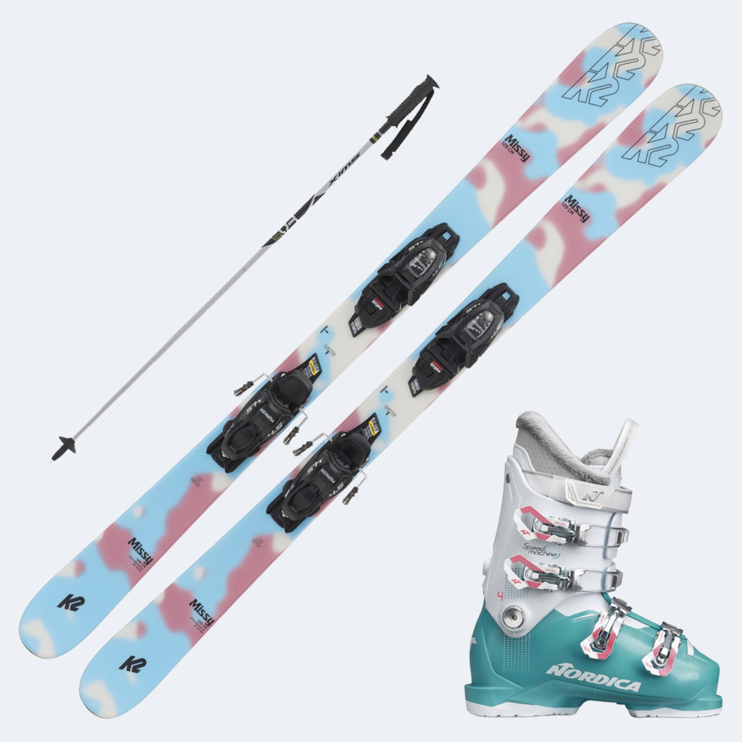 2024 K2 Missy Junior Skis w Nordica Speed Machine J4 Girls Ski Boots and Poles