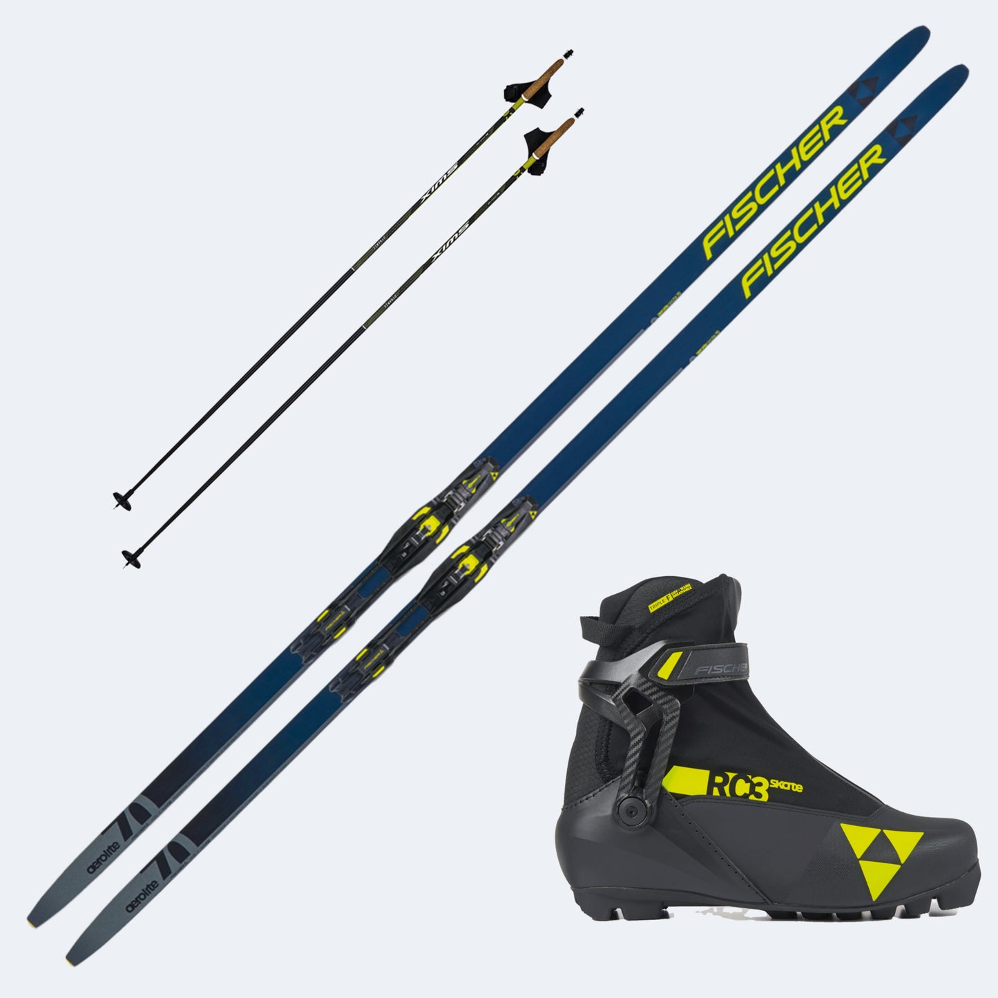 2026 Fischer Aerolite Skate 70 Skis with Fischer RC3 Skate Boots and Poles