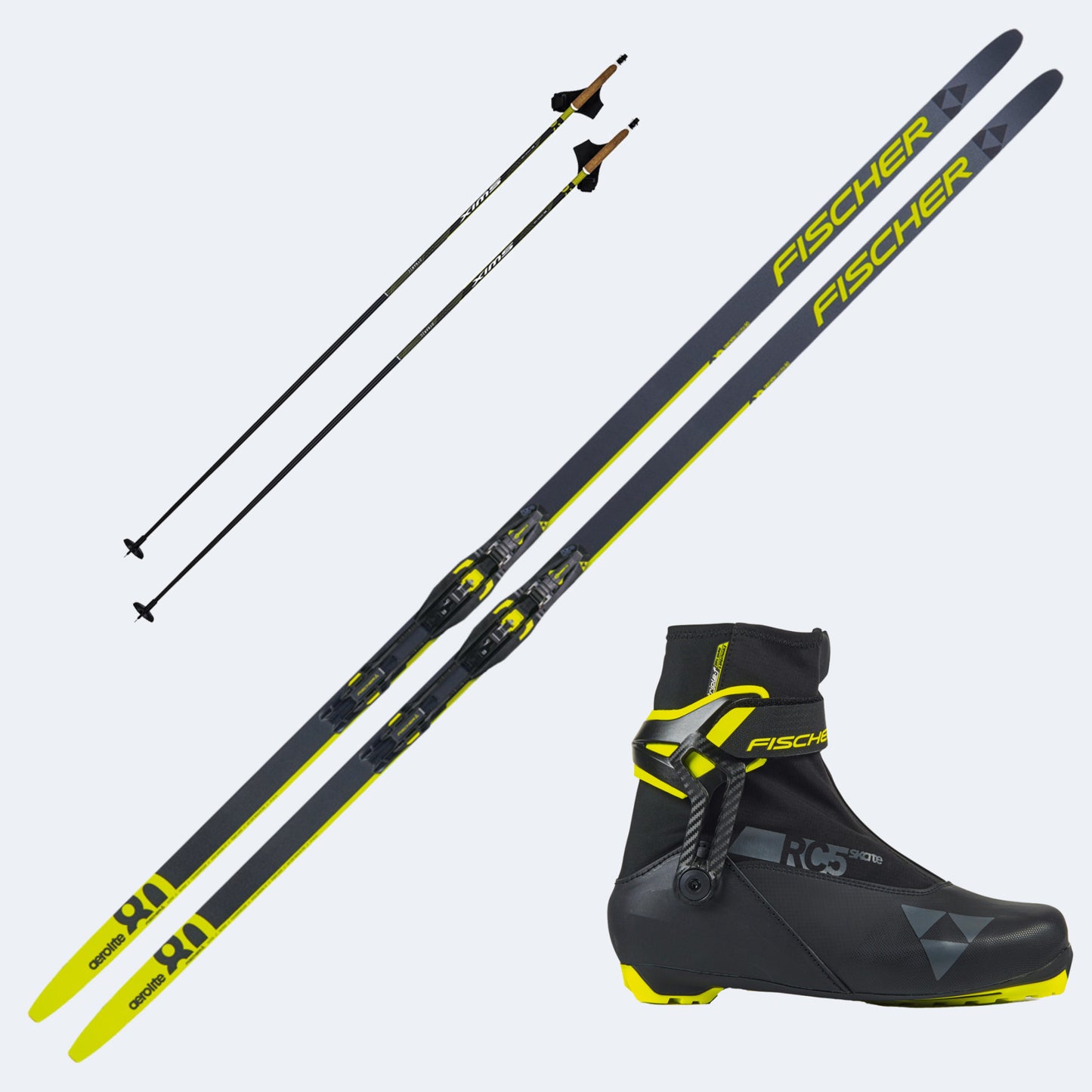 2026 Fischer Aerolite Skate 80 Skis with Fischer RC5 Skate Boots and Poles
