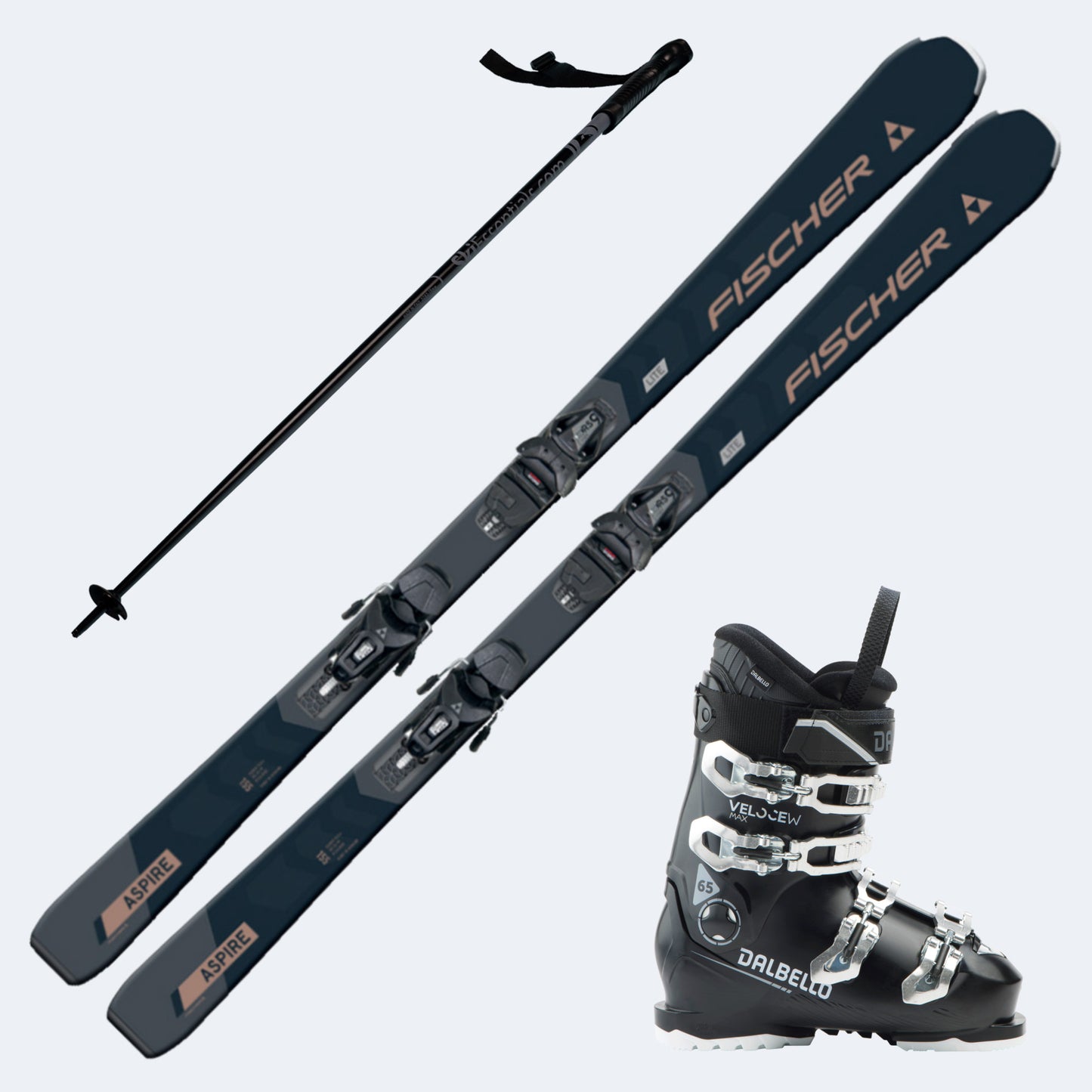 2025 Fischer Aspire Women's Skis with Dalbello Veloce Max 65 Boots and Poles