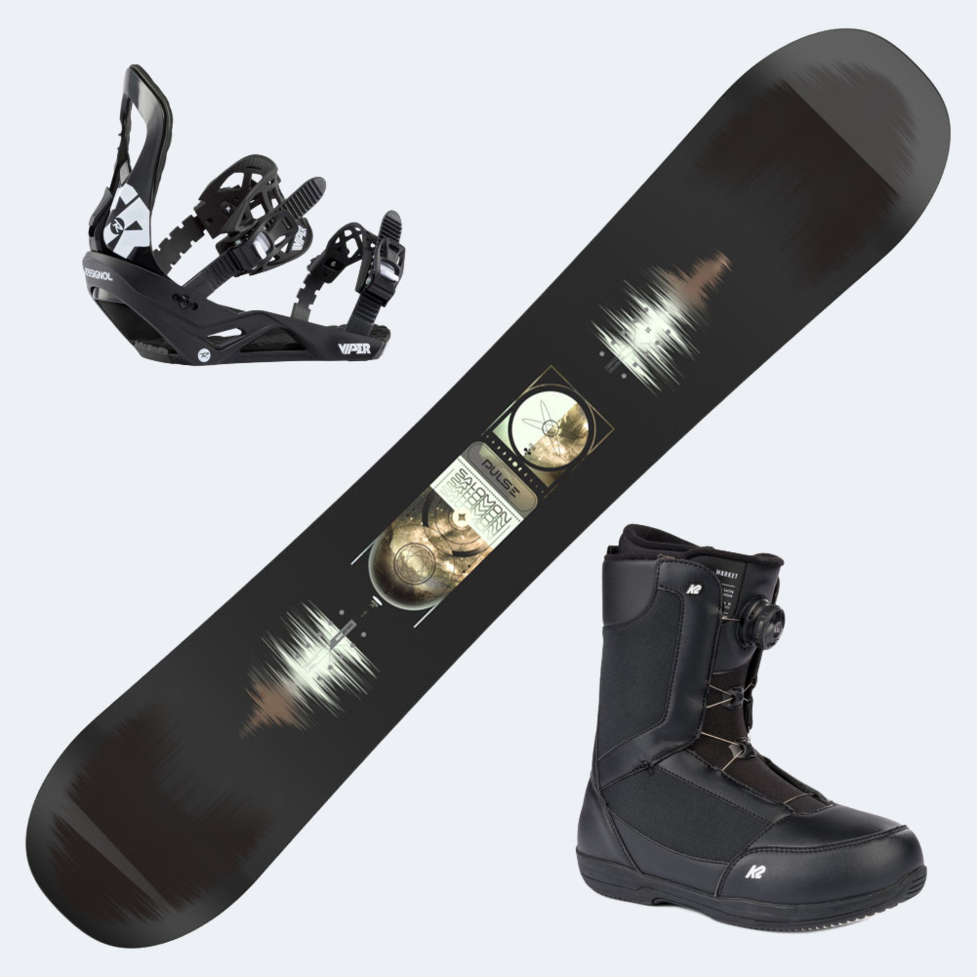 2025 Salomon Pulse Snowboard with K2 Market Boots and Rossignol Viper Bindings