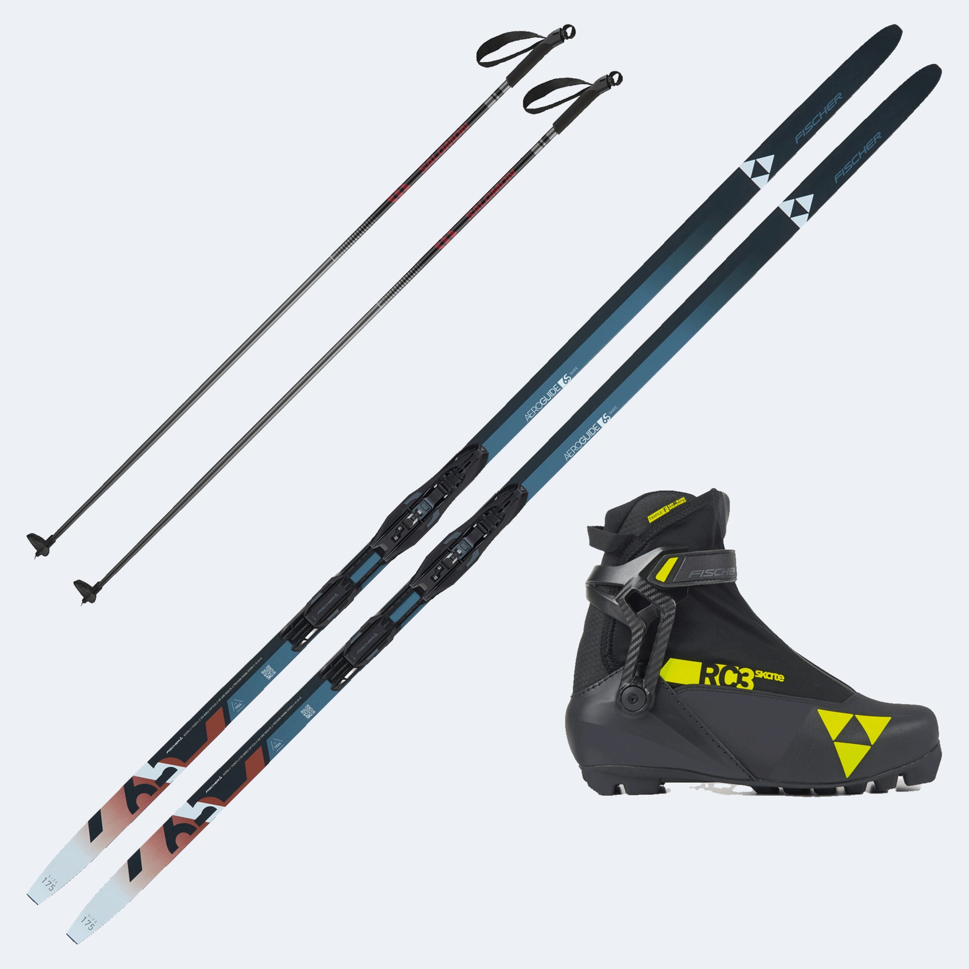 2026 Fischer Aeroguide 65 Skate Cross Country Skis with Fischer RC3 Skate Boots and Poles