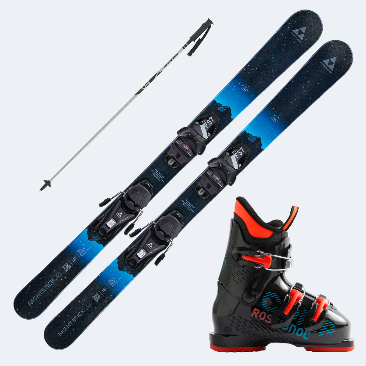 2027 Fischer Nightstick Junior Skis with  Comp J Boots and Poles